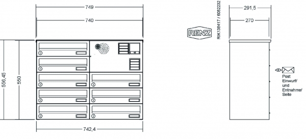 RENZ Briefkastenanlage, Aufputz, Classic Basic B, Edelstahl V4A, Kastenformat 370x110x270mm, mit Klingel - & Lichttaster und Vorbereitung Gegensprechanlage, 8-teilig